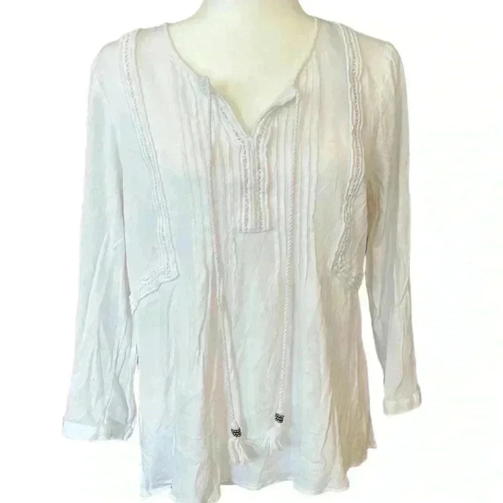Daniel Rainn White Blouse Pin-tuck Bodice Tassel Tie Font Lace Trim Size Large​
